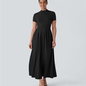 HALARA Stand Collar Short Sleeve Pocket Flare Maxi Casual Dress